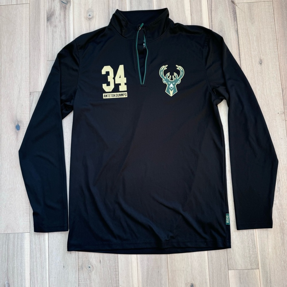 Milwaukee Bucks Sweater Men's Medium Black Long Sleeve 1/4 Zip Antetokounmpo #34